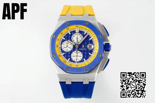 Audemars Piguet Royal Oak Offshore 44 mm Niebieska ceramiczna luneta APF Factory 11 Best Edition Niebieskożółta tarcza 2 Audemars Piguet Royal Oak Offshore 44 mm Niebieska ceramiczna luneta APF Factory 1:1 Best Edition Niebiesko-żółta tarcza