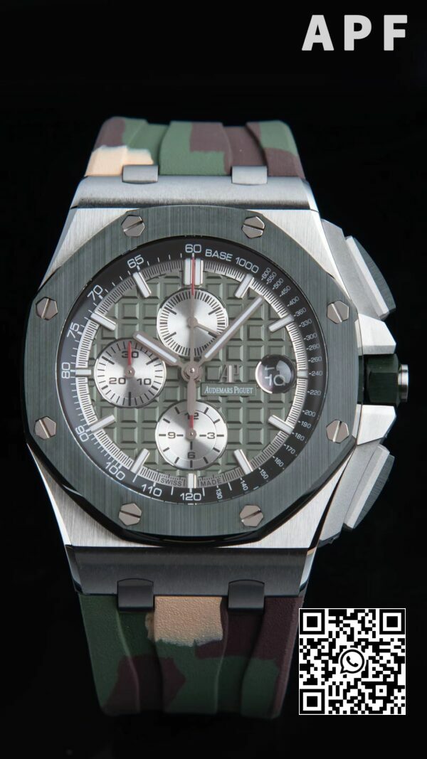 أوديمار بيجيه رويال أوك أوفشور 44 مم SS إطار سيراميك أخضر APF Factory 11 أفضل إصدار GreenSilver Dial 2 أوديمار بيجيه رويال أوك أوفشور 44 مم SS إطار سيراميك أخضر APF Factory 1:1 أفضل إصدار مينا أخضر/فضي